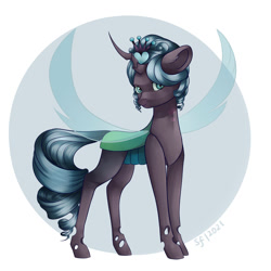 Size: 2000x2000 | Tagged: safe, artist:brilliant-luna, derpibooru import, queen chrysalis, changeling, changeling queen, alternate design, alternate hairstyle, curly tail, female, simple background, solo, solo female