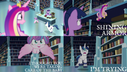 Size: 1986x1117 | Tagged: safe, derpibooru import, edit, edited screencap, editor:quoterific, screencap, princess cadance, princess flurry heart, shining armor, twilight sparkle, twilight sparkle (alicorn), alicorn, pony, unicorn, the crystalling, baby, baby pony, diaper, female, flying, library, male, running, worried