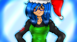 Size: 1080x594 | Tagged: safe, artist:juliet-gwolf18, derpibooru import, oc, oc only, oc:sketchy, human, blushing, bust, christmas, clothes, female, hat, holiday, humanized, one eye closed, santa hat, signature, smiling, solo, wink