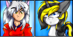 Size: 1080x553 | Tagged: safe, artist:juliet-gwolf18, derpibooru import, oc, oc:juliet, alicorn, human, alicorn oc, bust, clothes, crossover, eyebrows visible through hair, female, horn, inuyasha, male, mare, smiling, suspicious, wings