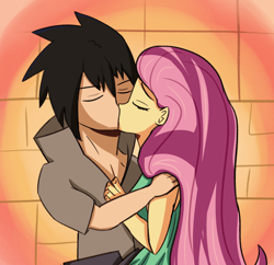 Size: 2080x2017 | Tagged: safe, artist:artiks, derpibooru import, fluttershy, human, equestria girls, crack shipping, crossover, crossover shipping, eyes closed, female, holiday, kissing, male, shipping, straight, uchiha sasuke, valentine's day