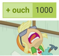 Size: 1143x1088 | Tagged: safe, derpibooru import, edit, screencap, applejack, better together, constructive criticism, equestria girls, aaugh!, derpibooru, female, hammer, meta, milestone, nose in the air, open mouth, ouch, pain, safety goggles, screaming, solo, tags