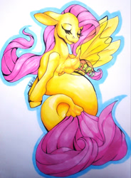 Size: 2103x2851 | Tagged: safe, artist:vertayara, derpibooru import, fluttershy, pegasus, pony, seapony (g4), clothes, cute, eyes closed, female, fin wings, fish tail, flowing mane, flowing tail, pink mane, seaponified, seapony fluttershy, see-through, shyabetes, signature, simple background, smiling, solo, species swap, tail, white background, wings