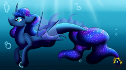 Size: 3285x1825 | Tagged: safe, artist:calamity-studios, derpibooru import, princess luna, alicorn, merpony, pony, blue eyes, bubble, clothes, colored pupils, crepuscular rays, dorsal fin, ethereal mane, female, fin wings, fins, fish tail, flowing mane, flowing tail, horn, lidded eyes, logo, ocean, seaponified, seapony luna, see-through, smiling, solo, species swap, starry mane, starry tail, sunlight, swimming, tail, underwater, water, wings