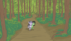 Size: 2624x1529 | Tagged: safe, artist:happy harvey, derpibooru import, oc, oc only, oc:anon filly, oc:zala, earth pony, pony, zebra, backpack, bedroll, bracelet, bush, colored, dirt, drawn on phone, female, filly, forest, grass, jewelry, journey, rope, scenery, shading, trail, travelling, walking, zebra oc