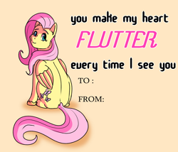 Size: 3500x3000 | Tagged: safe, artist:applejackofalltrades, derpibooru import, fluttershy, pegasus, pony, hearts and hooves day, holiday, sitting, smiling, solo, text, valentine's day, valentine's day card