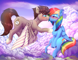 Size: 7800x6060 | Tagged: safe, artist:dankflank, derpibooru import, rainbow dash, oc, oc:skittle, pegasus, pony, blushing, canon x oc, chest fluff, cloud, commission, dock, eyes closed, female, flying, male, mare, noseboop, nuzzling, shipping, sitting, sitting on cloud, skidash, smiling, stallion, straight