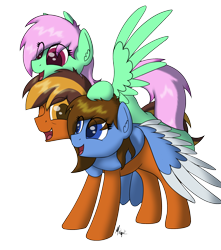 Size: 1500x1700 | Tagged: safe, artist:ponynamedmixtape, derpibooru import, oc, oc only, oc:b-side, oc:mixtape, oc:playlist, earth pony, pegasus, family, father and child, father and daughter, female, hug, male, offspring, older, parent and child, siblings, sisters