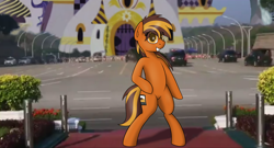 Size: 2500x1350 | Tagged: safe, artist:ponynamedmixtape, derpibooru import, oc, oc:cassette, earth pony, pony, bipedal, canterlot, coup, dancing, eyelashes, female, mare, meme, myanmar, myanmar coup, ponified, ponified meme, real life background, smiling, solo, teeth