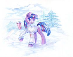 Size: 1155x900 | Tagged: safe, artist:maytee, derpibooru import, twilight sparkle, unicorn twilight, pony, unicorn, clothes, coffee cup, colored pencil drawing, cup, jacket, solo, traditional art, winter