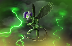 Size: 4050x2580 | Tagged: safe, artist:singovih, derpibooru import, oc, oc only, oc:dawn, oc:dawn enclave, cyborg, pegasus, pony, fallout equestria, fallout equestria: project horizons, cyborg pony, fanfic art, female, level 3 (harbinger cyberpunk) (project horizons), lightning, looking at you, mare, prosthetic limb, prosthetics, sky, solo, wings