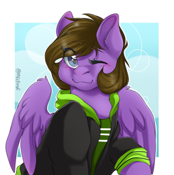 Size: 2385x2405 | Tagged: safe, artist:melpone, derpibooru import, oc, pegasus, pony, clothes, female, hoodie, mare, one eye closed, solo, wink