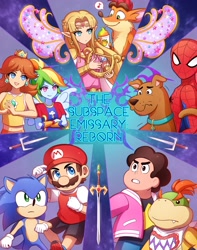 Size: 1617x2048 | Tagged: safe, artist:domestic-hedgehog, derpibooru import, rainbow dash, human, equestria girls, barely eqg related, bowser jr, cartoon network, clothes, crash bandicoot, crossed arms, crossover, crown, ear piercing, earring, fairy wings, fire emblem, harp, jewelry, mario, mario & sonic, mario and sonic, musical instrument, nintendo, piercing, ponied up, princess daisy, princess zelda, regalia, scooby doo, sega, sonic the hedgehog, sonic the hedgehog (series), spider-man, sports outfit, steven universe, super mario bros., super ponied up, super smash bros., sword, teenage mutant ninja turtles, the legend of zelda, weapon, wings, winx club