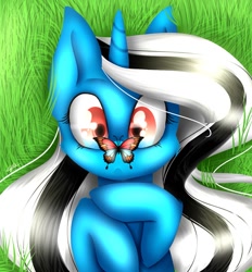 Size: 1063x1147 | Tagged: safe, artist:emalajiss36, derpibooru import, oc, oc only, oc:miss smile, alicorn, butterfly, alicorn oc, bust, eyelashes, female, grass, horn, lying down, mare, on back, outdoors, solo, wings