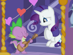 Size: 3570x2706 | Tagged: safe, artist:porygon2z, derpibooru import, rarity, spike, dragon, pony, unicorn, female, guitar, hearts and hooves day, holiday, male, musical instrument, shipping, singing, sparity, straight, valentine's day