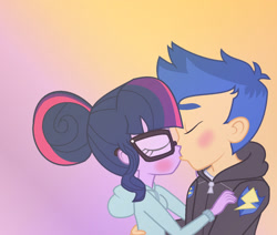 Size: 1280x1087 | Tagged: safe, artist:kucysia123, derpibooru import, flash sentry, sci-twi, twilight sparkle, equestria girls, base used, blue hair, boyfriend, clothes, duo, eyes closed, female, flashlight, girlfriend, glasses, hoodie, kissing, male, multicolored hair, purple skin, sciflash, shipping, straight