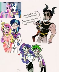 Size: 2510x3049 | Tagged: safe, artist:citi, derpibooru import, screencap, discord, lord tirek, princess cadance, queen chrysalis, rarity, shining armor, spike, human, a canterlot wedding, breasts, disguise, disguised changeling, female, gay, humanized, male, scene interpretation, screencap reference, shiningcadance, shipping, sparity, straight, tirekcord