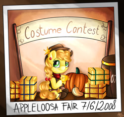 Size: 1280x1210 | Tagged: safe, artist:appleneedle, derpibooru import, oc, oc:apple needle, earth pony, pony, art, banana, barrel, boots, character, clothes, contest, costume, cowboy, cowgirl, digital, draw, drawing, fanart, female, filly, food, gun, hat, paint, painting, patreon reward, photo, pumpkin, sheriff, shoes, weapon