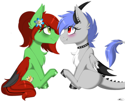 Size: 2366x1916 | Tagged: safe, artist:melodytheartpony, derpibooru import, barb, spike, oc, dracony, dragon, hybrid, pegasus, pony, blushing, collar, female, feral, flower, flower in hair, horns, rule 63, sitting, smiling