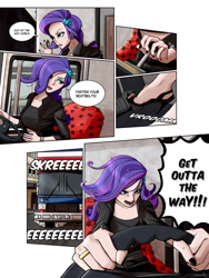 Size: 1800x2400 | Tagged: safe, artist:ilacavgbmjc, derpibooru import, rarity, human, bus, clothes, comic page, driving, high heels, humanized, pedal, road rage, seat, shoes, solo, spice girls, steering wheel, stiletto heels