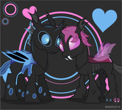 Size: 992x896 | Tagged: safe, artist:wheatley r.h., derpibooru exclusive, derpibooru import, oc, oc only, oc:lara, oc:w. rhinestone eyes, changeling, bat wings, fangs, female, happy together, heart, hearts and hooves day, holiday, honeypot changeling, horn, horns are touching, male, mare, single panel, song reference in the description, stallion, the turtles, valentine's day, vector, watermark, wings