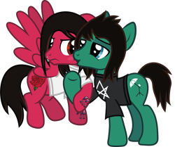 Size: 1441x1207 | Tagged: safe, artist:lightningbolt, derpibooru exclusive, derpibooru import, earth pony, pegasus, pony, .svg available, annoyed, blushing, bring me the horizon, clothes, crackship, ears, floppy ears, flying, gay, holding hooves, kissing, kissing cheek, lidded eyes, lip piercing, looking at each other, male, mike fuentes, pierce the veil, piercing, ponified, shipping, shirt, simple background, spread wings, stallion, svg, t-shirt, tattoo, tom sykes, transparent background, vector, wings