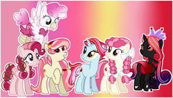 Size: 2410x1383 | Tagged: safe, artist:eonionic, derpibooru import, oc, oc only, oc:ambrosia, oc:candy hearts, oc:cupid rose, oc:love bug, oc:lucky match, oc:quick flame, changepony, earth pony, hippogriff, hybrid, pegasus, pony, unicorn, female, interspecies offspring, magical lesbian spawn, mare, offspring, parent:angel wings, parent:apple bloom, parent:cozy glow, parent:fire flare, parent:fluttershy, parent:gilda, parent:pinkie pie, parent:princess amore, parent:princess cadance, parent:queen chrysalis, parent:rainbow dash, parent:scarlet heart, parents:cozybloom, parents:flutterdance, parents:gildapie