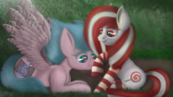 Size: 2992x1679 | Tagged: safe, artist:lewdielewd, derpibooru import, oc, oc:electric television, oc:lollipopsocks, earth pony, pegasus, pony, boop, candy, clothes, food, grass, lollipop, sitting, smiling, socks, wings
