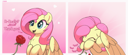 Size: 4451x1943 | Tagged: safe, artist:nookprint, derpibooru import, fluttershy, pegasus, pony, comic, cute, daaaaaaaaaaaw, dialogue, eating, eating flower, eyes closed, female, flower, heart, horses doing horse things, mare, nom, offscreen character, open mouth, rose, shyabetes, smiling, solo
