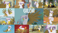 Size: 1978x1113 | Tagged: safe, derpibooru import, edit, edited screencap, editor:quoterific, screencap, gabby, gilda, grampa gruff, pinkie pie, rainbow dash, earth pony, griffon, pegasus, pony, griffon the brush off, the fault in our cutie marks, the hearth's warming club, the lost treasure of griffonstone, eyes closed, female, grizzle, male, open mouth, shocked, solo, teeth, trio, trio female, yelling, younger