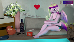 Size: 3840x2160 | Tagged: safe, artist:antonsfms, derpibooru import, princess cadance, alicorn, anthro, 3d, alcohol, barefoot, beer, beer bottle, bottle, bouquet, bra, candy, chair, clothes, cute, feet, female, floating heart, flower, food, glass, heart, hearts and hooves day, holiday, looking at you, phone, pillow, poolside, shoes, shorts, sitting, smiling, solo, source filmmaker, speaker, text, underwear, valentine's day, wine, wine bottle, wine glass, wings
