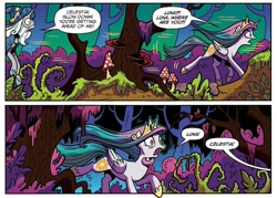 Size: 991x711 | Tagged: safe, derpibooru import, idw, princess celestia, princess luna, star swirl the bearded, alicorn, pony, unicorn, legends of magic, spoiler:comic, spoiler:comiclom1, alternate dimension, alternate universe, comic, dark forest, female, male, mare, night, rescue, running, stallion, young celestia, young luna