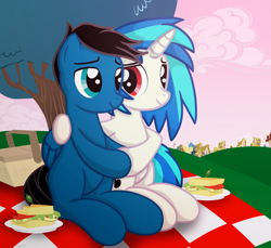 Size: 7200x6600 | Tagged: safe, artist:agkandphotomaker2000, derpibooru import, dj pon-3, vinyl scratch, oc, oc:pony video maker, pegasus, pony, unicorn, basket, canon x oc, female, food, hill, holding hooves, looking at each other, male, picnic, picnic basket, picnic blanket, plate, ponyville, red eyes, sandwich, shipping, show accurate, sitting, straight, tree, videoscratch