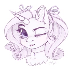 Size: 1240x1215 | Tagged: safe, artist:vird-gi, derpibooru import, rarity, pony, unicorn, alternate hairstyle, bow, chest fluff, hair bow, jewelry, looking at you, necklace, one eye closed, ribbon, sketch, solo, wink