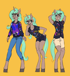 Size: 1280x1391 | Tagged: safe, artist:toisanemoif, derpibooru import, oc, oc only, anthro, unguligrade anthro, unicorn, '90s, anthro oc, clothes, female, glasses, grin, jeans, looking at you, mare, pants, shirt, shorts, simple background, smiling, solo, sweater, t-shirt, yellow background