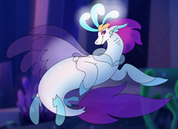 Size: 990x720 | Tagged: safe, artist:oriando, derpibooru import, queen novo, seapony (g4), my little pony: the movie, bioluminescent, clothes, colored pupils, crown, dorsal fin, eyelashes, female, fin wings, fins, fish tail, flowing mane, flowing tail, jewelry, purple eyes, queen, regalia, seaquestria, seaweed, see-through, smiling, solo, tail, underwater, water, wings