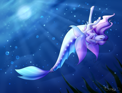 Size: 2811x2134 | Tagged: safe, artist:creativecocoacookie, derpibooru import, oc, oc only, hybrid, merpony, seapony (g4), bubble, clothes, crepuscular rays, dorsal fin, eyes closed, female, fish tail, flower, flower in hair, flowing mane, flowing tail, looking up, ocean, seaweed, see-through, smiling, solo, tail, underwater, water, wings