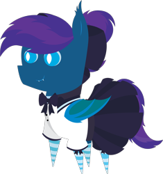 Size: 5699x6073 | Tagged: safe, artist:cosmiceclipsed, derpibooru exclusive, derpibooru import, oc, oc only, oc:stardust, oc:stardust(cosmiceclipse), bat pony, pony, bat pony oc, bat wings, bow, clothes, crossdressing, ear fluff, ears, eyeshadow, fangs, femboy, hair bow, makeup, male, membranous wings, ponytail, school uniform, simple background, skirt, slit eyes, socks, solo, stallion, striped socks, transparent background, wings