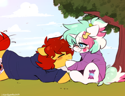 Size: 1458x1120 | Tagged: safe, artist:cottonsweets, derpibooru import, oc, oc only, oc:cottonsweets, oc:steffy, earth pony, unicorn, clothes, glasses, shipping, sweater