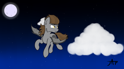 Size: 3860x2160 | Tagged: safe, artist:justapone, derpibooru import, oc, bat pony, pony, brown mane, brown tail, cloud, colored, flying, golden eyes, grey fur, moon, night, nightsky, scenery, solo, stars