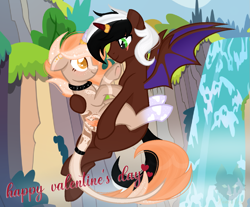 Size: 1203x997 | Tagged: safe, artist:louyalpha, derpibooru import, oc, oc:kingdicesombra, oc:louyalpha, bat pony, pony, couple, holiday, love, ponyville, sfw, sky, valentine's day