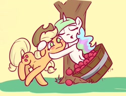 Size: 1408x1074 | Tagged: safe, artist:poptart36, applejack, princess celestia, alicorn, earth pony, pony, apple, apple tree, applejack's hat, blushing, bucket, clothes, cowboy hat, duo, duo female, eyes closed, female, food, freckles, hat, horn, hug, mare, open mouth, ponytail, simple background, surprise hug, tree, wings, yellow background