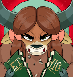 Size: 972x1024 | Tagged: safe, artist:aer0 zer0, yona, yak, angry, book, breaking, ears, explicit description, fanfic in the description, female, floppy ears, gritted teeth, holding, looking at you, mad, solo