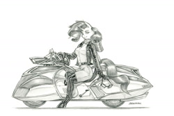 Size: 1400x936 | Tagged: safe, artist:baron engel, derpibooru import, rarity, anthro, unguligrade anthro, unicorn, boots, clothes, female, grayscale, leather jacket, looking at you, mare, monochrome, motorcycle, pants, pencil drawing, shoes, solo, traditional art