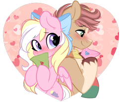 Size: 1141x944 | Tagged: safe, artist:colorfulcolor233, artist:emberslament, derpibooru import, oc, oc only, oc:bay breeze, oc:pitch pine, earth pony, pegasus, pony, blushing, bow, clothes, cute, dawwww, female, hair bow, heart eyes, hoof hold, letter, love letter, male, mare, oc x oc, ocbetes, pinebreeze, scarf, shipping, simple background, stallion, straight, transparent background, unshorn fetlocks, wingding eyes