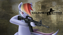 Size: 1920x1080 | Tagged: safe, artist:cryzeu, derpibooru import, rainbow dash, pegasus, pony, assault rifle, counter-strike, counter-strike: global offensive, crossover, determined, female, gradient hooves, gradient mane, gun, lineless, logo, mare, rifle, serious, serious face, wallpaper resolution, weapon