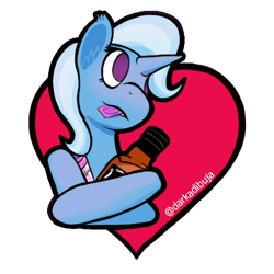 Size: 482x482 | Tagged: safe, artist:darka01, derpibooru import, trixie, pony, unicorn, alcohol, beer, condom, condom in mouth, heart, holiday, love, mouth hold, solo, valentine's day
