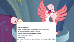 Size: 1280x720 | Tagged: safe, derpibooru import, edit, edited screencap, screencap, bird, goose, sparkle's seven, canterlot castle, implied blueblood, implied oc, implied philomena, text, throne room, to do list, to-do list, untitled goose game