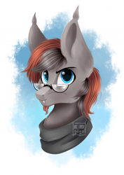 Size: 700x988 | Tagged: safe, artist:das_leben, derpibooru import, oc, oc:times one, bat pony, bust, clothes, ear tufts, glasses, looking at you, male, portrait, scarf