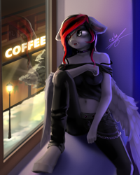 Size: 2000x2500 | Tagged: safe, artist:thatdreamerarts, derpibooru import, oc, oc only, anthro, pegasus, undead, unguligrade anthro, vampire, anthro oc, belly button, bra, bra strap, chains, choker, clothes, coffee, fangs, female, jeans, light post, mare, midriff, night, off shoulder, pants, sitting, slit eyes, slitted eyes, solo, underwear, wings